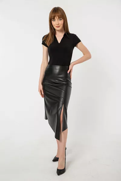 Black Asymmetric Cut Faux Shearling Leather Skirt with Slit