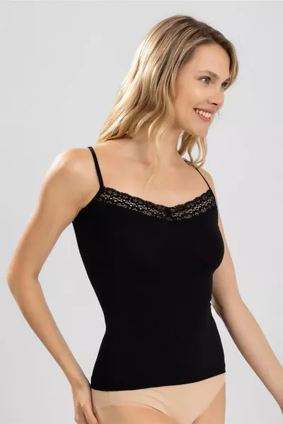 Женская хлопковая майка с тонкими бретельками, кружевом и V-образным вырезом, черная