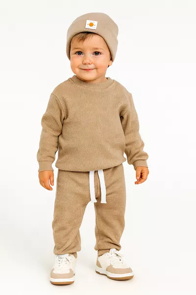 Soft Cotton 3-Piece Set with Beanie Beige