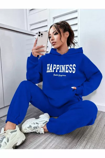Happiness Tracksuit Sweatshirt Jogger - Sax Blue Printed Oversized Fleece Hoodie