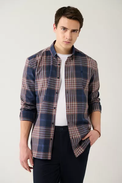 Men's Navy-Brown Button-Down Collar Cotton Plaid Flannel Shirt 