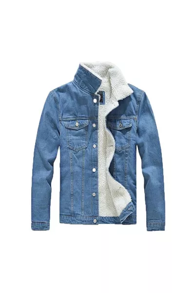 سترة وجاكيت جينز ضيقة للرجال باللون الأزرق الفاتح مبطنة بالفرو