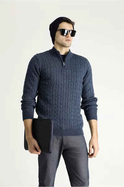 كنزة صوفية بنصف ياقة صيد السمك، مقاس عادي، بسحاب ونقشة