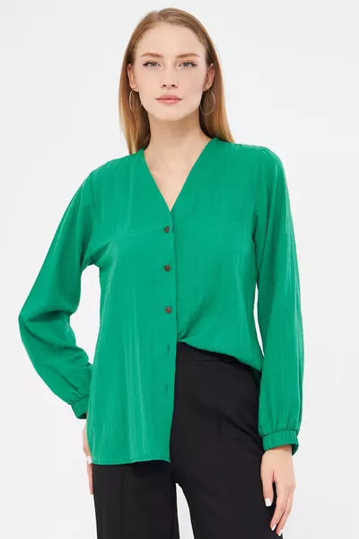 Women's Green Elastic Sleeve Crinkled Shirt 