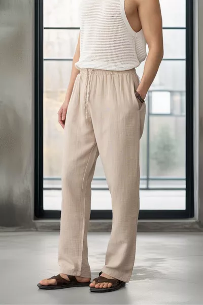 بنطال قماش موسلين واسع - بيج متوسط