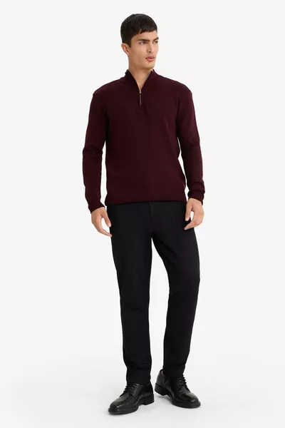 Стандартна кройка, нормален силует, пуловер с права яка и цип, основен плетен пуловер au