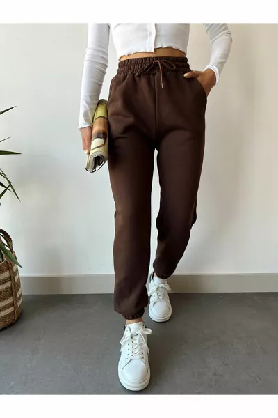 Dames Bruine Winter Joggingbroek met Dikke Fleece Voering, Hoge Taille en Elastische Boorden, Basic