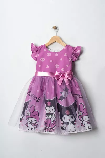 Kuromi en Melody print pluche tule meisjesfeestjurk Verjaardagsjurk