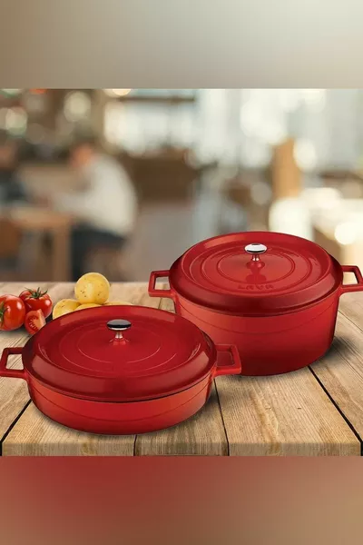 طقم قدور حديد صب دائري  سم  سم ضحل، قطعتان، أحمر