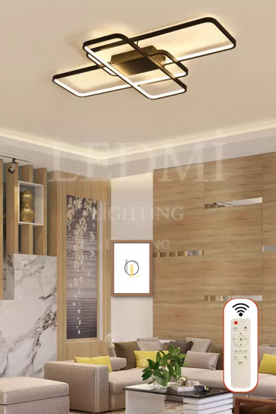 ثريا سقف مستطيلة سوداء بإضاءة قوية LED، إضاءة بثلاث ألوان، ثريا مع جهاز تحكم عن بعد، ثريا صالون