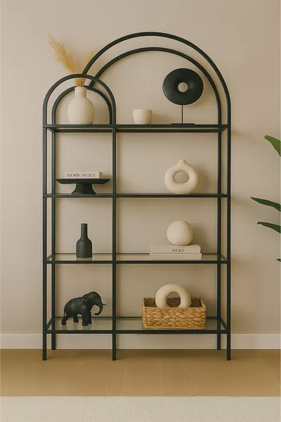 Двоен метален шкаф за книги - Черен декоративен аксесоар с прозрачни стъклени рафтове, кухненски рафт