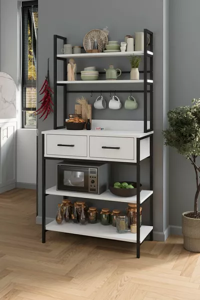 ستاند مطبخ بدرجين و5 رفوف زاوية القهوة رف المطبخ المطبخ بانغو فيتنامي أبيض