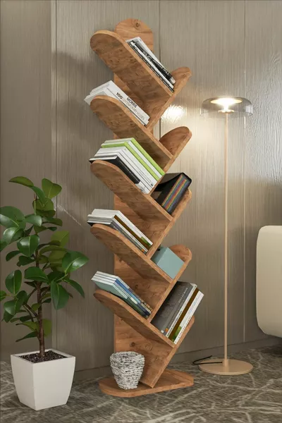 Boekenkast met planken, decoratieve secties, multifunctioneel voor thuis en kantoor, walnoot