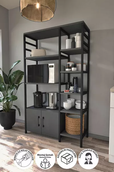Kitchen Stand 2-Door 8-Shelf Coffee Corner Kitchen Rack Kitchen Buffet Brazil Anthracite