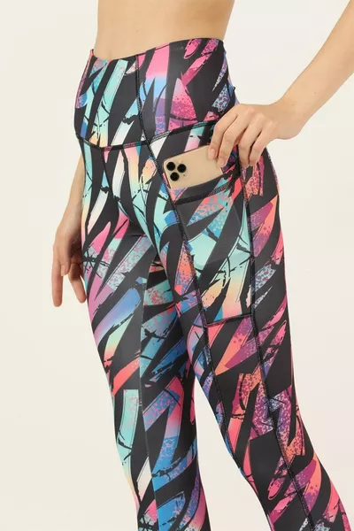 Leggings da donna a vita alta con doppie tasche, motivo geometrico turchese, slim fit digitale 