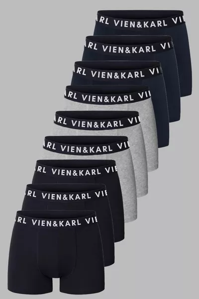 Men's Black Grey Navy 9-Pack Plain Stretch Boxer Shorts