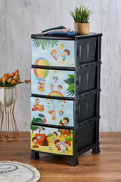 4-Tier Drawer Plastic Nightstand with Children’s Pattern Print Cover - Toy Storage - Toy Basket