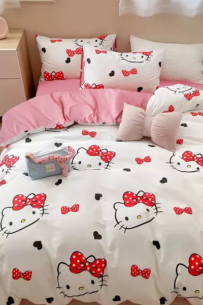 Set di biancheria da letto singolo con lenzuolo con angoli Hello Kitty