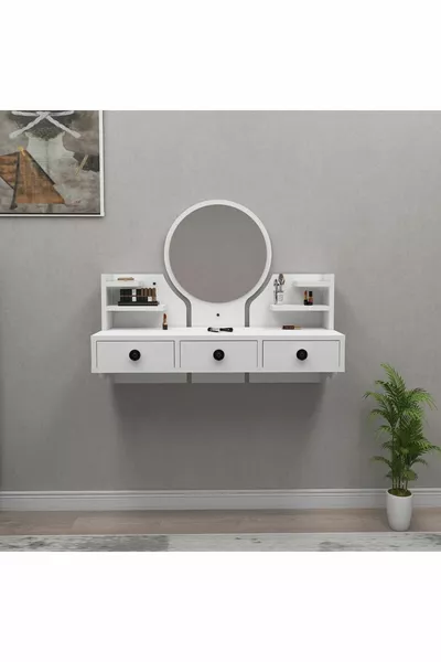 طاولة مكياج بولينا المثبتة على الحائط مع مرآة ورفوف وأدراج، أبيض - بولينا