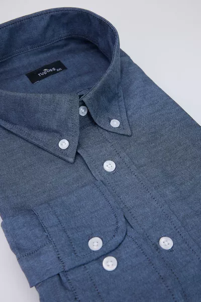 Plus Size Long Sleeve Oxford Texture Collar Buttoned Pocket Embroidered Blue Men's Shirt