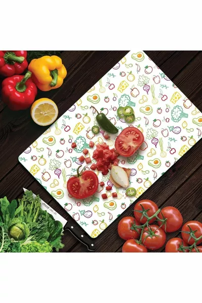 Cam Kesme Tahtası Ve Sunumluk Karışık Meyve Sebze Desenli  Cm