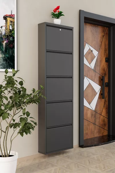 Kilitli 5 Kapaklı Metal Ayakkabılık Antrasit