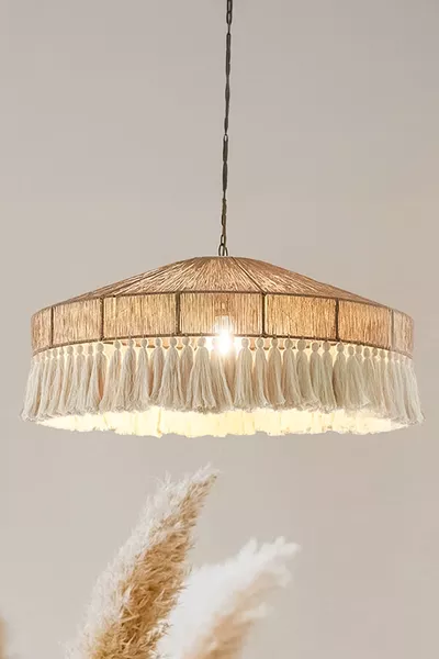 ثريا من الخيزران والماكرامي بطراز بوهيمي رستيك مخروطية مع شرابات