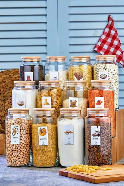 Set of Labeled Glass Jars with Lids, Vacuum Storage Container, Jumbo Size Ml