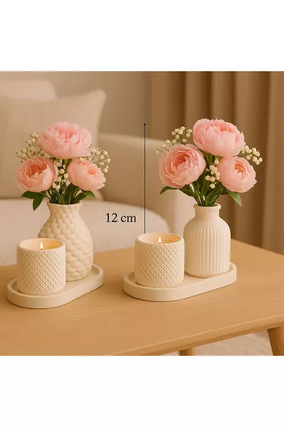 Ensemble de vase en céramique fleurie et bougie – Lot de 2 décorations de table (FLEURS NON INCLUSES)
