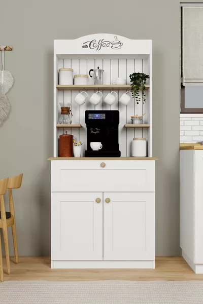 Lucas Coffee Corner and Multipurpose Kitchen Cabinet with 2 Doors and Drawers - Light Walnut & White