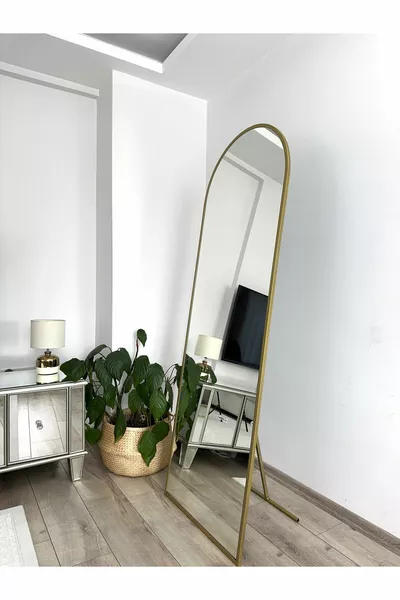 Gold Metal Framed Oval Full-Length Mirror with Disassembled Legs