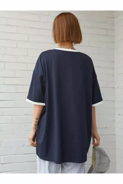 Damen Marineblau Weiß Welt California Club Oversize T-Shirt