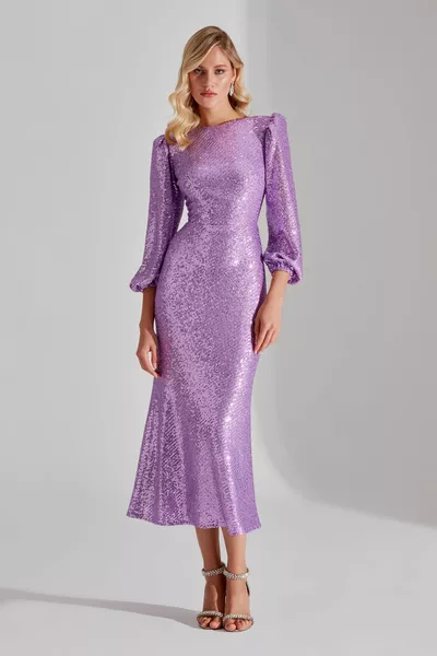 НИКОЛ блясък пайети отворен люляк балон ръкав Midi рокля