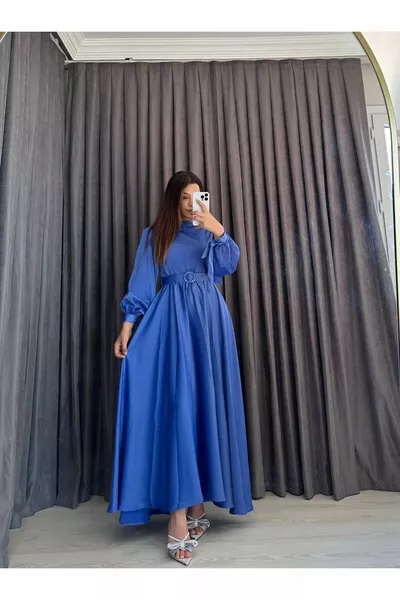 SATIN BELT DETAILED RUFFLE SLEEVE EVENING DRESSES