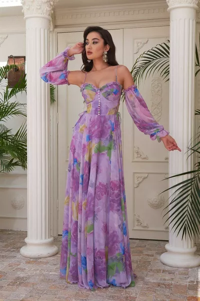 Lilac Impregnated Balloon Sleeve Long Evening Dress