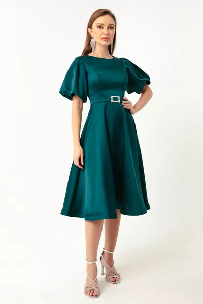 المرأة البترول بالون الأكمام الحجر حزام البسيطة الساتان مساء اللباس