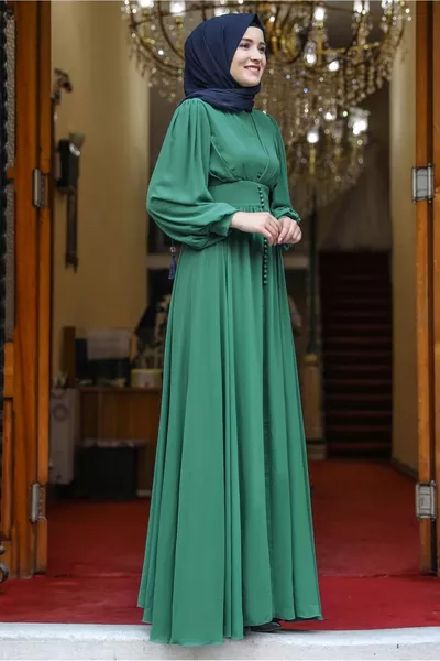 Damen Grün (S.GREEN) Ballon Manschettenknopf Detailliertes Abendkleid T 