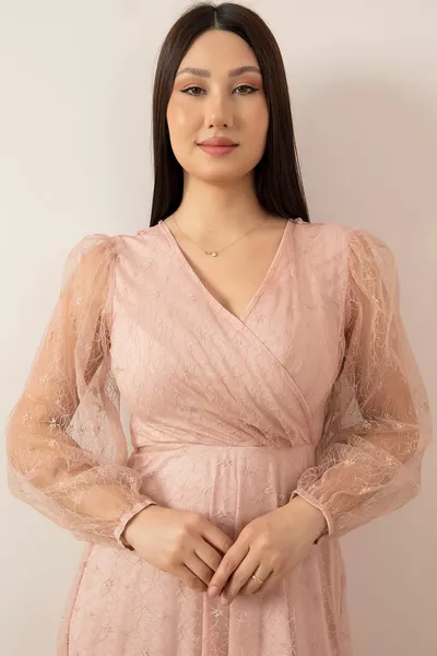 Double-breasted kraag glitter kant lange avondjurk 