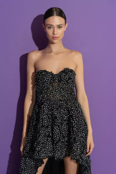 Black-Off-White Chiffon Dress with Short Front and Long Back Rose