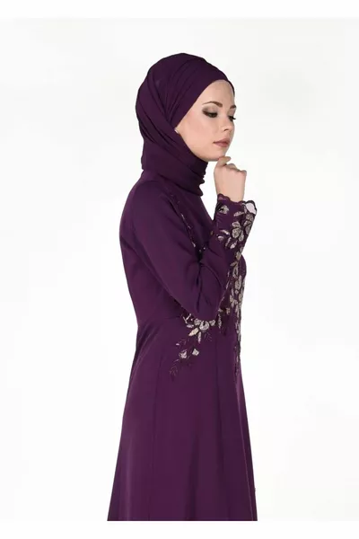 Дамска лилава бродирана подробна вечерна рокля 