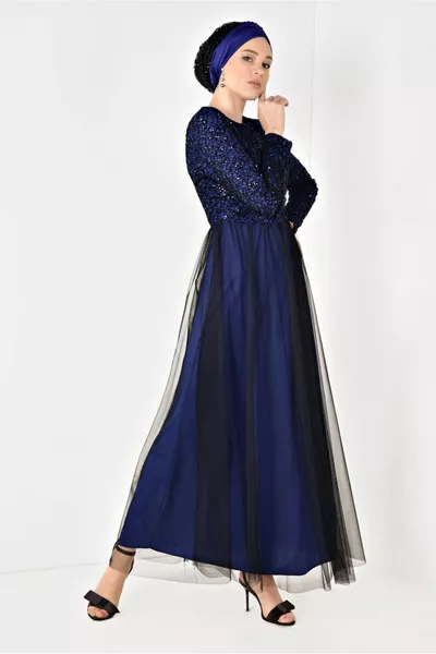 نسائي أزرق كحلي (SAKS) تول مفصل جبر مساء فستان T 