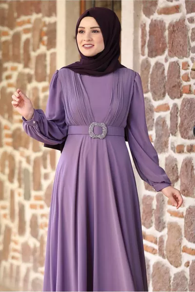 WOMEN'S PURPLE (LILA) BELTED EVENING DRESS T 