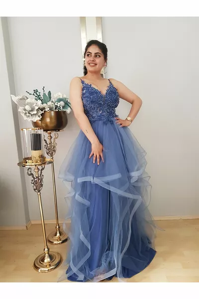 WOMEN'S INDIGO ASYMMETRIC GUIPURE STONE EMBROIDERY SPECIAL DESIGN FLUFFY EVENING DRESS WITH BACK LACES