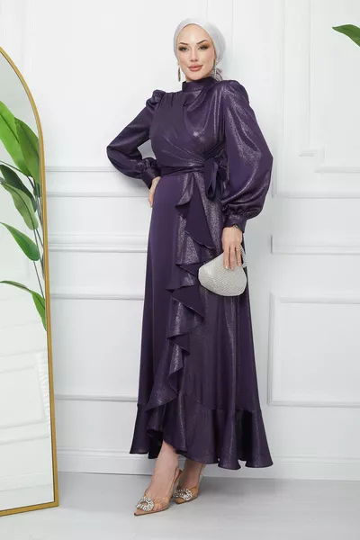 Слива вратовръзка отпред подробни сатен вечерна рокля