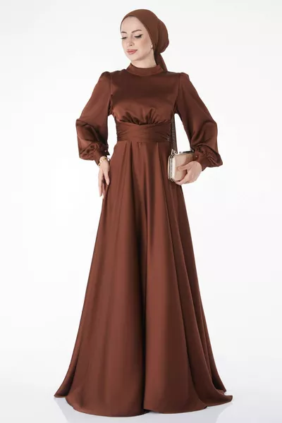 Robe de soirée à col juge marron ceinturée pour femme - 