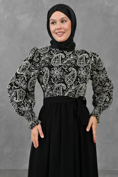 Gemustertes schwarzes Baumwollgewebe mit Gürtel Design Maxi Hijab Kleidung Abendkleid 