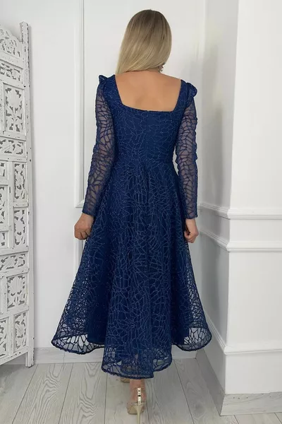  Square Neckline Glitter Midi Length Design Dress Navy Blue