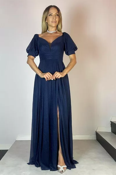  قلب طوق بريق ماكسي مساء اللباس الأزرق الداكن