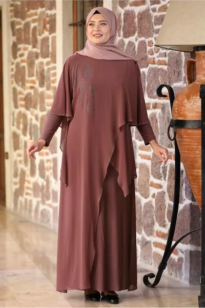 Damen Kaffee (ZIMT) Asymmetrisches Abendkleid aus geschliffenen Steinen T 