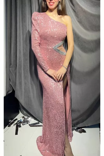 WOMEN'S WAIST WINDOWED SINGLE SLEEVE FISH CUT DEEP SLIT STONE SEQUINED EVENING DRESS EVENING DRESS